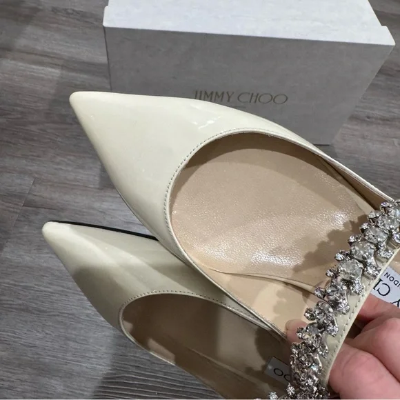Jimmy Choo Bing Crystal Strap Patent Leather in Linen Mule Flats - Picture 8 of 16